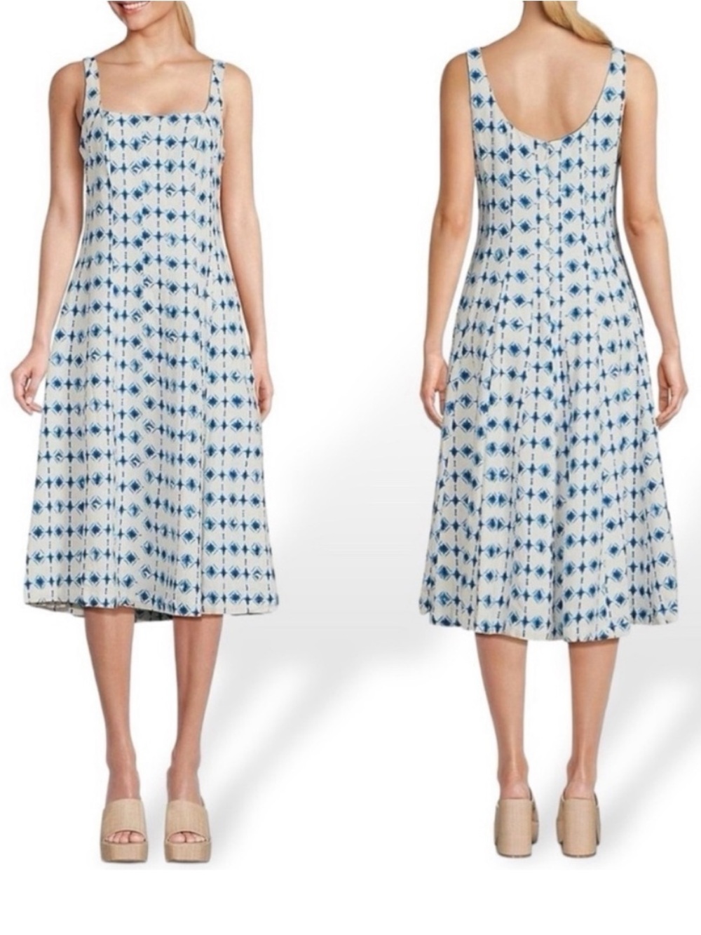 Christian Lacroix White Blue Ikat Midi Dress Linen Blend Square Neck Size S
